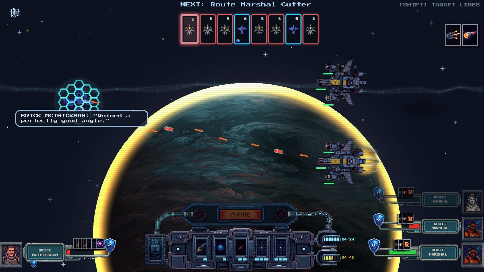 Lumentide combat: Brick McThickson's ship under fire from two Route Marshal cutters, with the socket loadout and FIRE button below