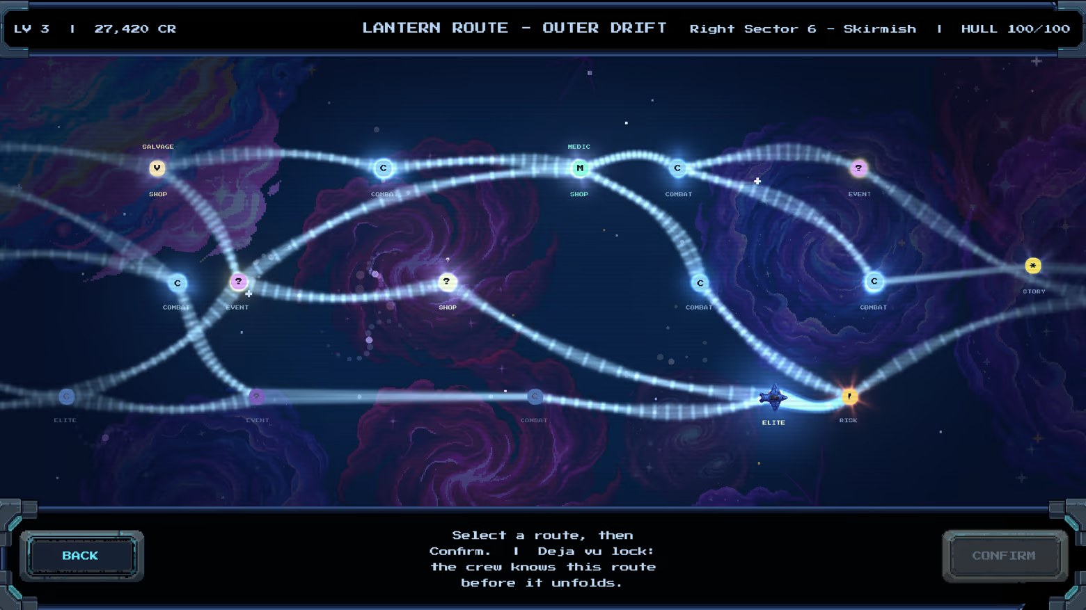 Lumentide star map: branching routes across the Lantern Route with combat, shop, event, elite, risk, and story nodes